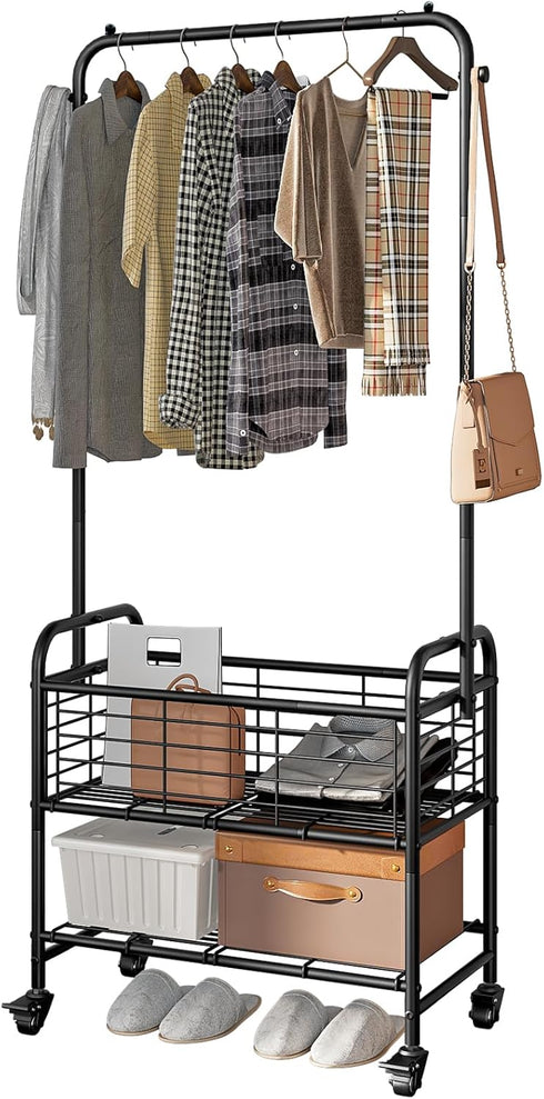Black Rolling Laundry Hamper with Wheels, Laundry Basket Sorter Cart, Shelf Hanging Rack