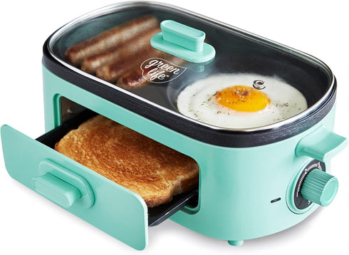 GreenLife 3-in-1 Breakfast Station, PFAS-Free Dual Griddles for Eggs, Meat, Pancakes & 2-Slice Toast Drawer
