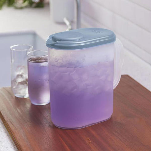 Sterilite 6-Pack Plastic Pitcher Water Jug Drink Dispenser with Blue Atoll Lid and Tab, Clear Base, Grip Handle for