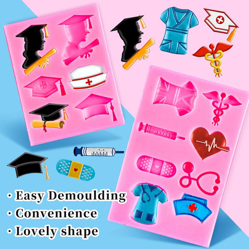 2 Pack Whaline Nurse Graduation Themed Fondant Molds Silicone Doctor Nurse Grad Hat Medical Equipment Candy Mould