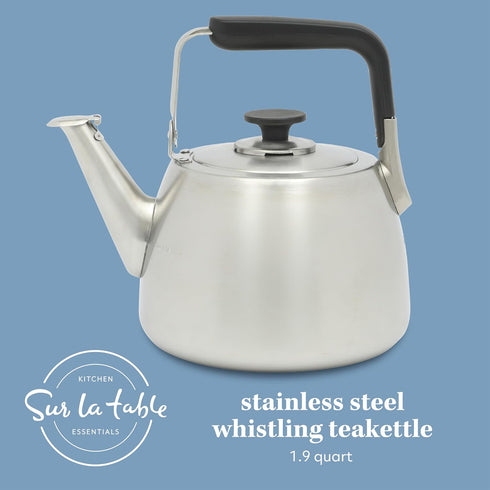 2 Sur La Table Kitchen Essentials Qt Heavy Gauge Brushed Stainless Steel Whistling Tea Kettle Durable Stovetop Kettle