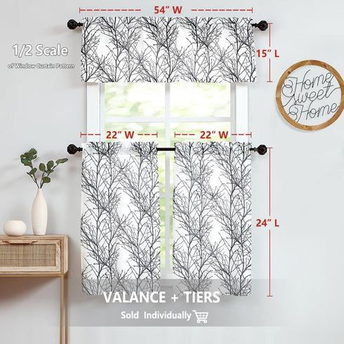 FMFUNCTEX White Black Kitchen Curtains, Small Tier Curtains 22" x 24" Cafe Curtain Set with Tree Branch Print