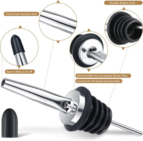 CHENGU 72 Set Pcs Liquor Spout Stainless Steel Bottle Pourers Tapered Liquor Pourers with Rubber Dust Caps Tapered