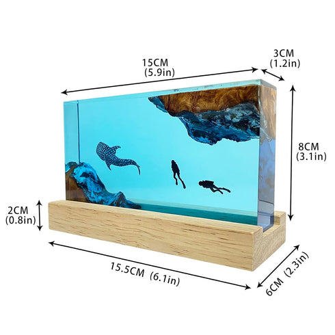 Simulated Ocean Landscape Whale Shark Diver Night Light, Handmade Resin Solid Wood Art Decor for Home Decoration
