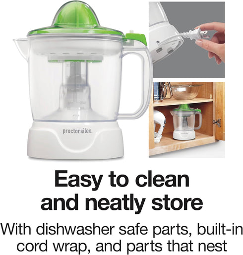 Proctor Silex Electric Citrus Juicer Machine, 34 oz., White and Green for Orange, Lemon, Grapefruit Juice (66340)