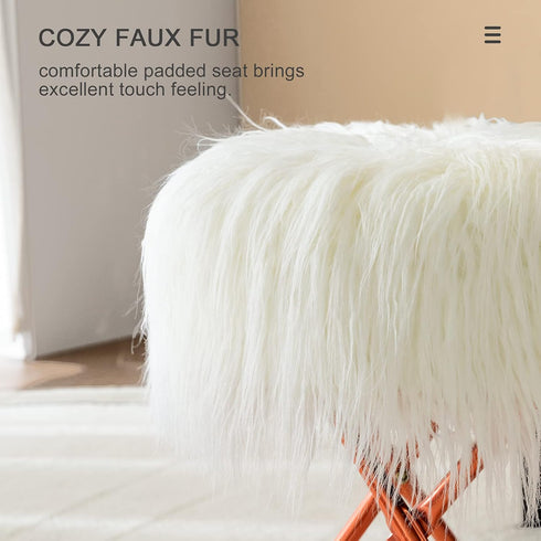 Round Faux Fur Ottoman, Vanity Stool Rose Gold Metal Legs with Anti-Slip Pad, Soft Furry Compact Padded Seat, Modern