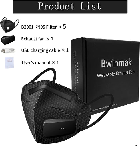 Bwinmak Fashion Wearable Air Purifier USB Exhaust Fan for Masks, Cooking, Training, Outdoor Sports - Black