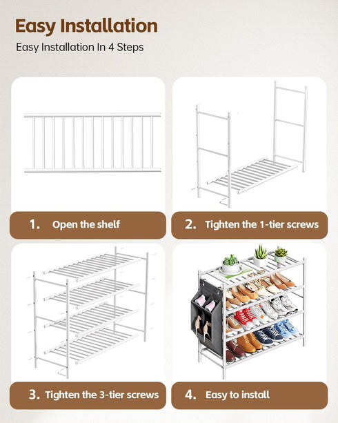 woxlemen Closet 26 inch 4-Tier) Bamboo Shoe Rack for Small Wooden Shoe Organizer with Pouch, Sturdy Wood Shoe Shelf