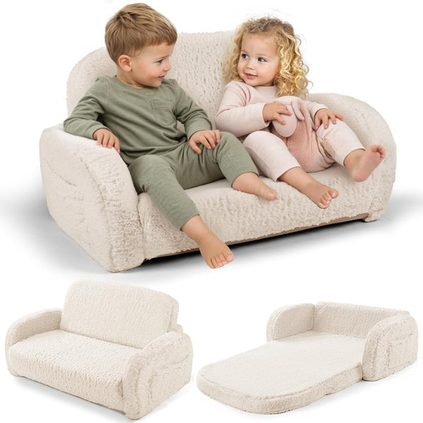 2-in-1 Sherpa Fold Out Kids Couch, Extra Wide Comfy Toddler Chair, Convertible
