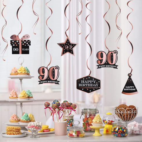 LINGTEER Happy 90th Birthday Decorations, 12 Pcs Black & Rose Gold Foil Swirls Streamer Set for Bday Party Gift