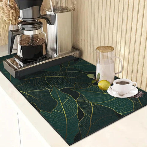 Coffee Mat for Countertop, Golden Banana Leaf Emerald Green Dish Drying Mat 2 Pcs for Kitchen Coffee Bar Accessories, Coffee Maker Espresso Machine Rubber Backed 12x19in