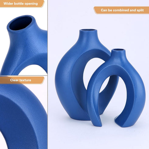 Set 2 Blue Ceramic Vase for Modern Home Decor, Matte Snuggle Hollow Flower Vase of for Table Centerpiece Office