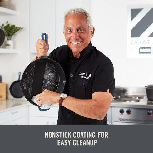 DASH Zakarian 9.5" Nonstick Cast Iron Skillet - Black with Pour Spouts for Searing, Baking, Grilling, Roasting