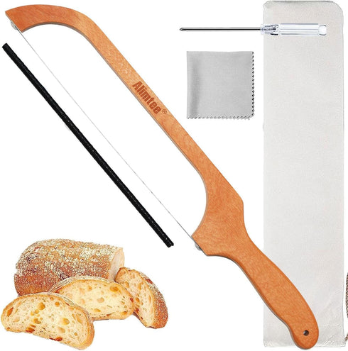 16" Wooden Serrated Bread Knife for Homemade Bread, Fiddle Bow Design Sourdough Cutter, Premium Stainless Steel Gift