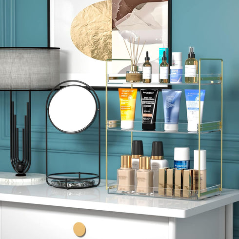 Bathroom Countertop Organizer, Gold 3 Tier Acrylic Vanity Tray Shelf for Skincare, Makeup, Lotion, Perfume, Spice