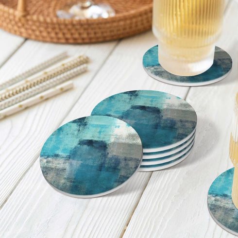 Dsiflylife Set 2 Coasters of Turquoise and Grey Absorbent Ceramic Coasters for Drinks Round Stone Non-Slip Coffee Table