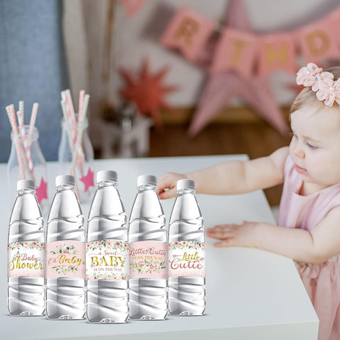Colarr 72 Pcs Pink Baby Shower Water Bottle Labels Pink Gold Flower Water Bottle Wrappers Stickers Waterproof Self