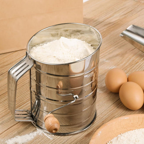 Flour Sifter, 3 Cup Stainless Steel Rotary Hand Crank for Baking Fine Mesh, Quick Sifting Tool