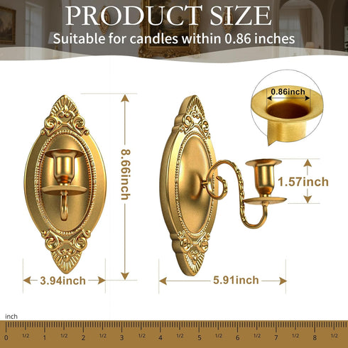 Set Gold Candle Sconces of Two, Brass Color Victorian Royal Wall Sconce, Metal Rustic Candle Holder Baroque Home Wall