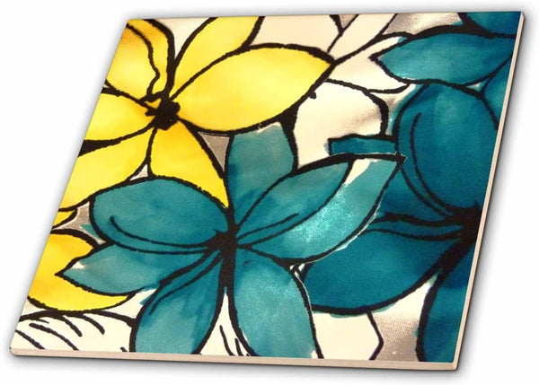 3dRose Ceramic Tile, Teal and Yellow Floral, 6-Inch (ct_32104_2)