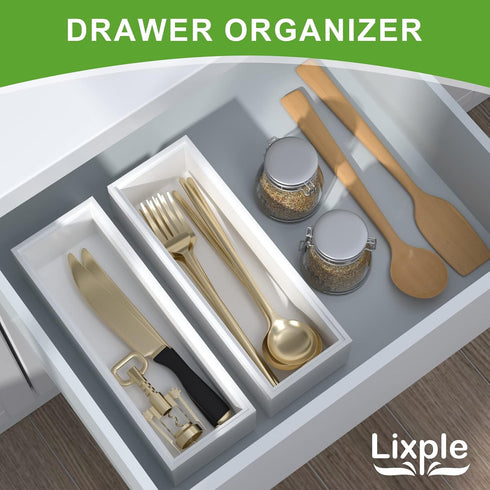 Utensil Organizer Silverware Drawer Organizer, Set of 2 Stackable Bamboo Storage Box Tray for Kitchen Gadgets