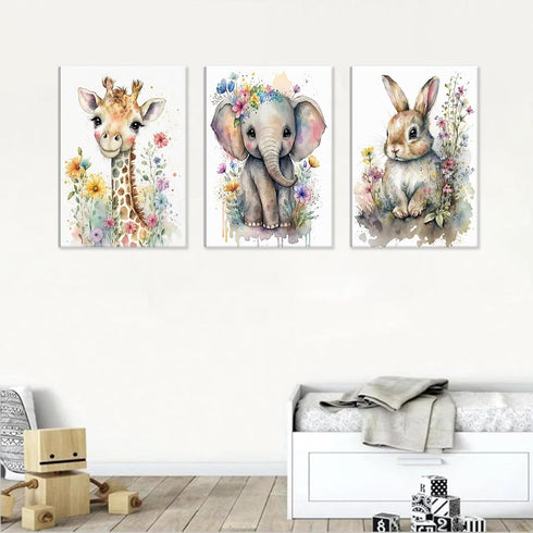 3Pcs 16x24in Safari Animal Nursery Canvas Wall Art Watercolor Baby Animals with Wildflowers Picture Posters Wall Decor