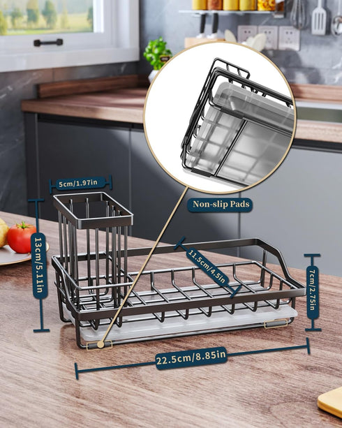 Consumest Sink Caddy Kitchen Sponge Holder + Dish Brush Holder with Drip Tray for Countertop, Stainless Steel, Black