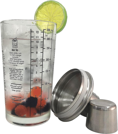 Cocktail Shaker, 12oz Glass Martini Shaker with Measured Mixing Stainless Steel Top Cobbler
