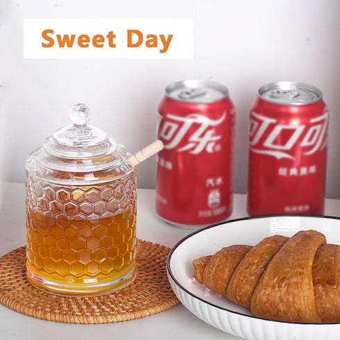 Honey Jar with Dipper and Lid, Thick Glass Honey Pot with Lid and Wooden Dipper, Wide Mouth Food Containers, Honey