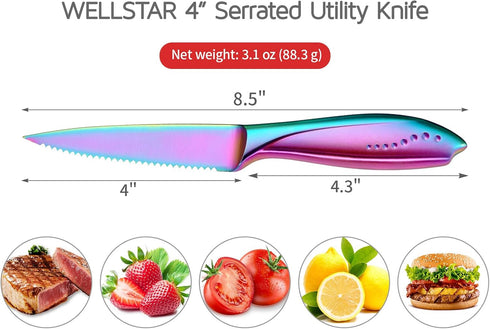 WELLSTAR Utility Knife, 4 Inch Serrated Paring Knife with Super Sharp Rainbow High Carbon Stainless Steel Blade