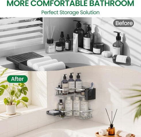 QHMCHLDZ 6 Pack Adhesive Shower Caddy, Corner Bath Organizer, Rustproof Stainless Steel Shower Shelves with Large