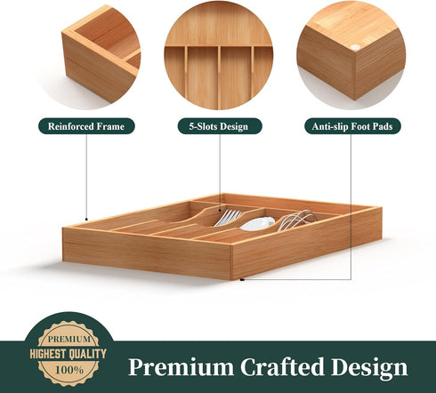 Bamboo Silverware Organizer, Kitchen Drawer Utensil Holder, Cutlery Tray with Grooved Drawer Dividers