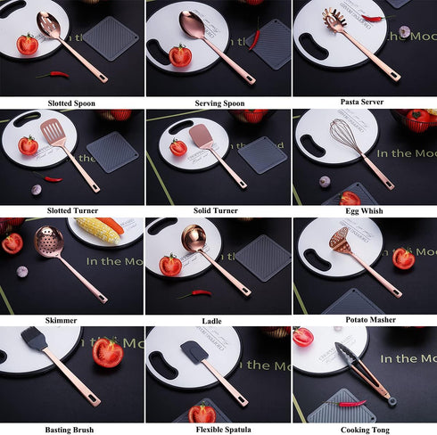 Copper Kitchen Utensils Set, 13 Pieces Stainless Steel Cooking Tools with Titanium Rose Gold Plating and Holder