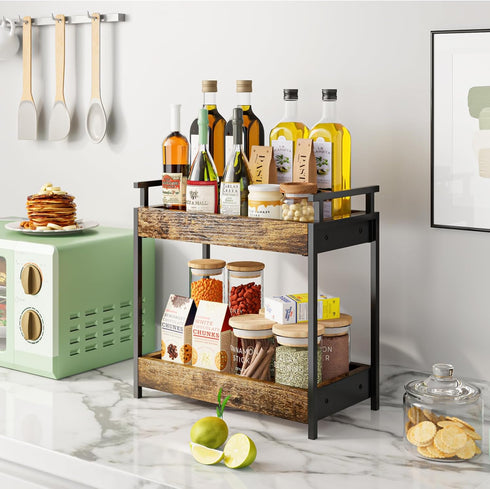 Countertop 2 Counter KLM Coffee Station Organizer, Tier Wooden Shelf for Coffee Bar Accessories, Condiment Storage
