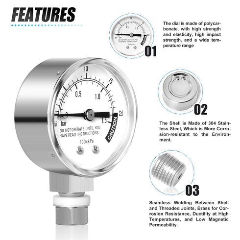 MEANLIN MEASURE Stainless Steel Pressure Cooker Gauge, 0-20Psi 2" Dial Face, Lower Mount Pressure Tank Table