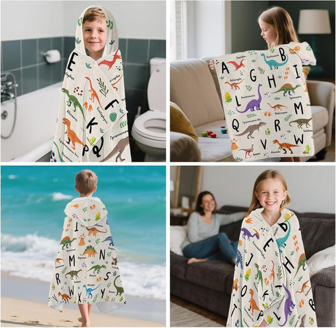 30" 50", Dinosaur Hooded Beach Towel for Kids, Alphabets Hooded Towels for Toddlers x Kids Beach Towels for Pool
