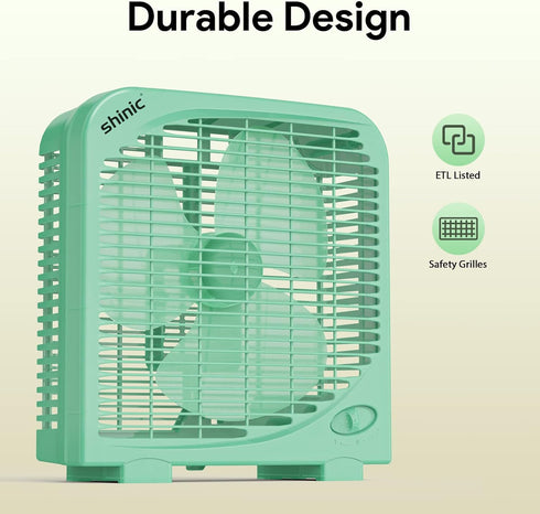 shinic 10" Tabletop Box Fan, 2 Speeds Quiet Fan with Strong Airflow, Portable for Bedroom, Kitchen, Office