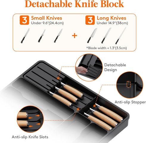 Lifewit Silverware Organizer for Kitchen Drawers, Expandable Utensil Tray with Removable Knife Block