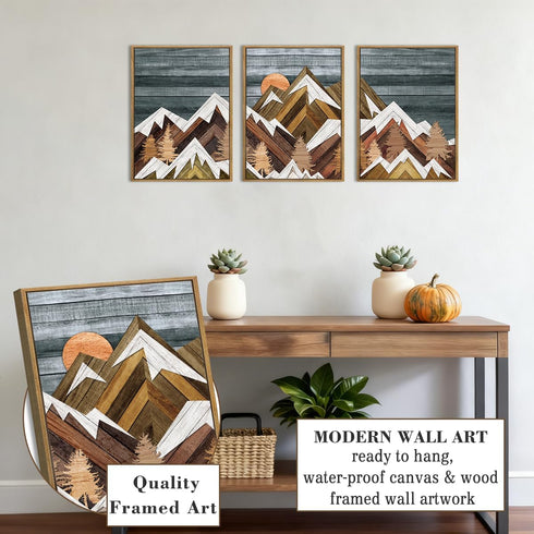12" Lx16 Set 3 Framed Mountain Wall Art Boho Mountain Wall Decor Modern Nature Artwork W of for Living Room Bedroom