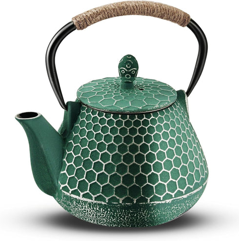 Cast Iron Tea Pot - Honeycomb Pattern Tea Kettle with Tea Leaf