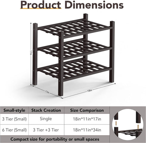 3 Closet,Hallway,Entryway,Small 18"x11"x17" Haddockway Small Tier Bamboo Shoe Rack Storage Organizer, Multifunctional