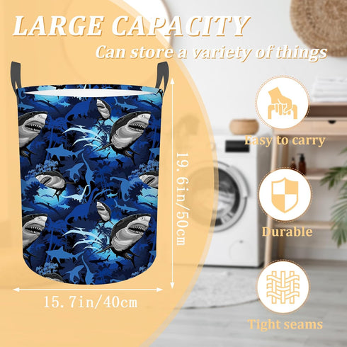 Blue Shark Foldable Laundry Basket, Waterproof Oxford Cloth, Funny Tote Bag for Dirty Clothes, 15.7"x19.6"