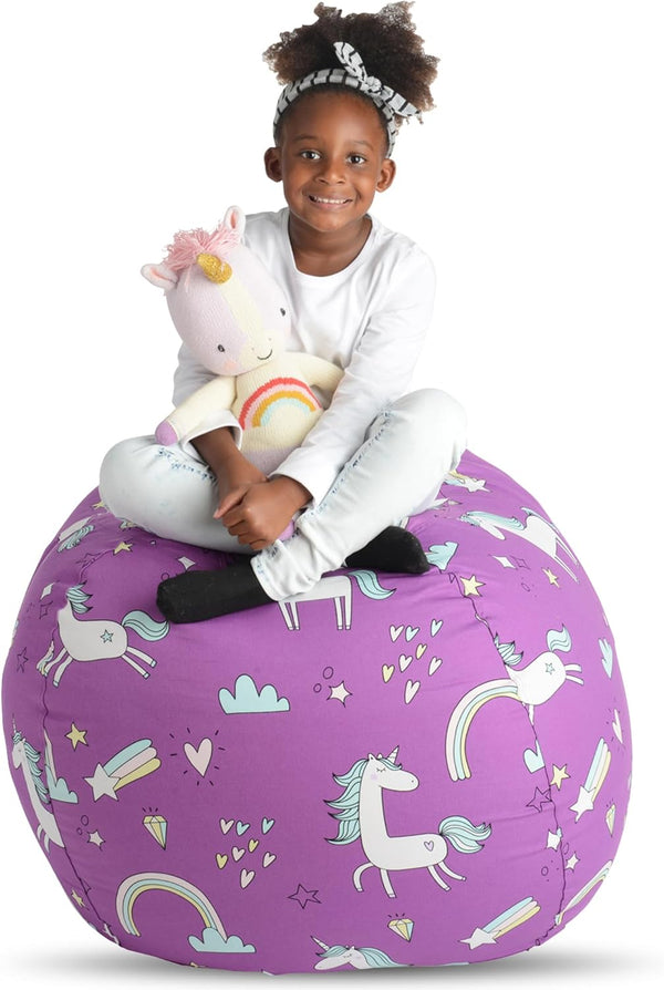 Creative QT Stuff ’n Sit Large 33’’ Bean Bag Storage Cover for Stuffed Animals & Toys, Purple Unicorn Bedroom Organizer