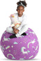 Creative QT Stuff ’n Sit Large 33’’ Bean Bag Storage Cover for Stuffed Animals & Toys, Purple Unicorn Bedroom Organizer