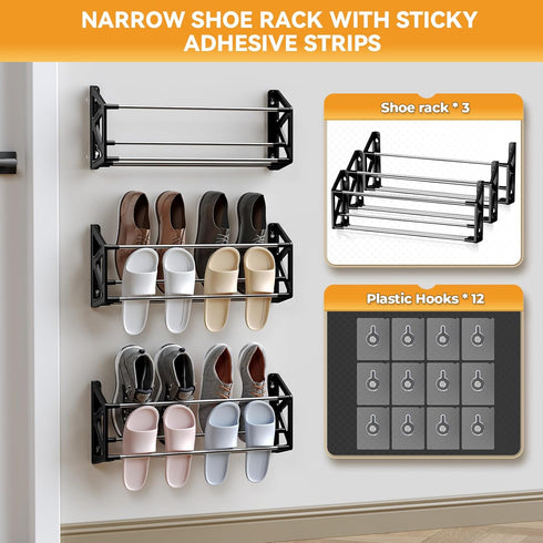 3 Pack 12 Hanging Shoe Rack for RV, Wall Shoe Rack with Sticky Adhesive Strips Slim Shoe Rack Shoe Holder Holds Pairs