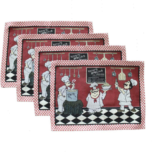 KEPSWET Cotton Linen Chef Placemats Set of 4, Red Washable Table Mats, 13x19 Inch Rectangle