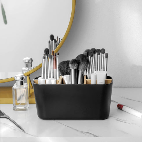 Bamboo Toothbrush Holders for Bathrooms, 5 Slots Vanity Organizer for Electric Toothbrushes, Toothpaste, Razors - Black