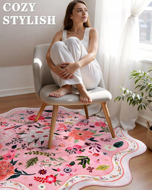 Macgace 5ft Pink Round Rug for Girls Bedroom, Machine Washable Floral Area Rugs with Non Slip Backing, Cute Flower