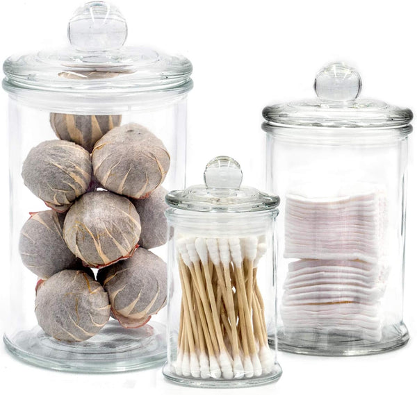 Mini Glass Apothecary Jars - Set of 3 Bathroom Storage Organizer Canisters for Cotton Swabs, Cotton Balls, Makeup