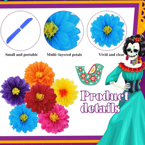 36 Pcs Colorful Mexican Paper Flowers for Floral Party Backdrop Wedding Birthday Craft, 6" 8" 10"